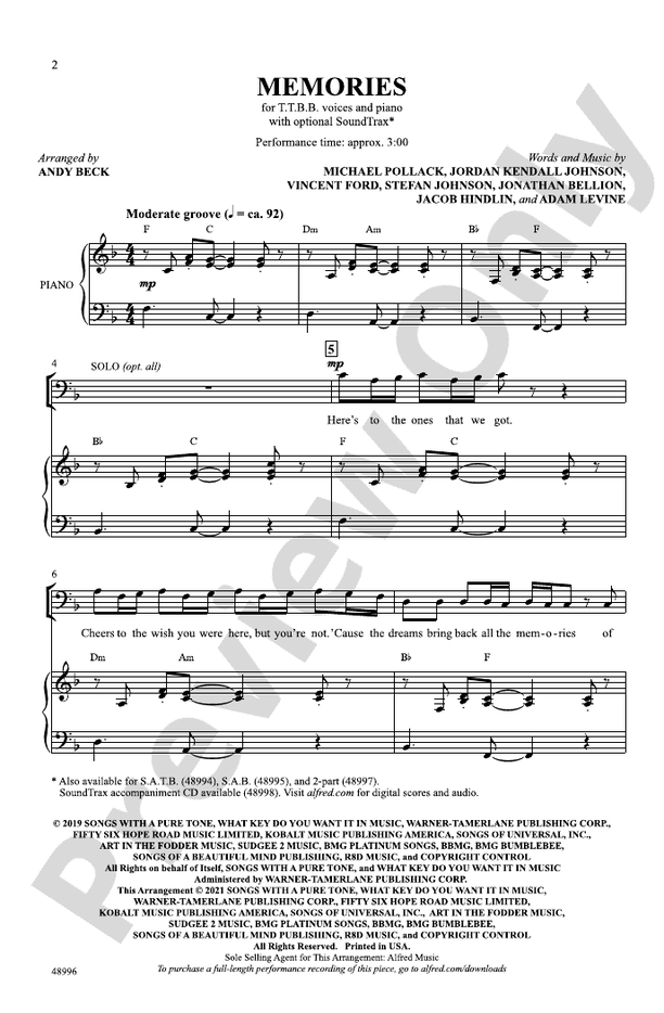 Memories - TTBB Choral Octavo (Digital Download)