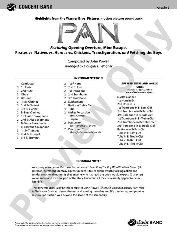 Pan: Highlights from the Warner Bros. Pictures Motion Picture Soundtrack - Concert Band Conductor Score & Parts (Digital Download)
