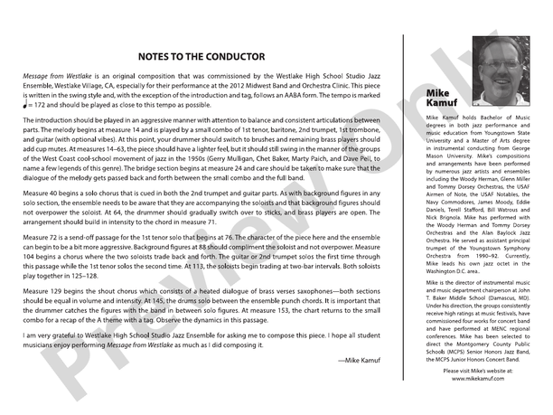 Message from Westlake – Jazz Ensemble Conductor Score & Parts (Digital Download)