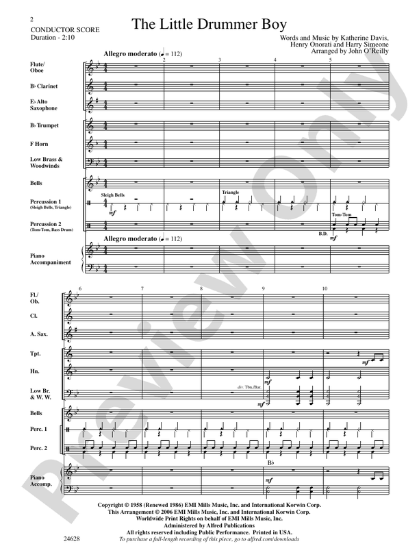 The Little Drummer Boy (Grade 0.5) - Concert Band Conductor Score & Parts (Digital Download)