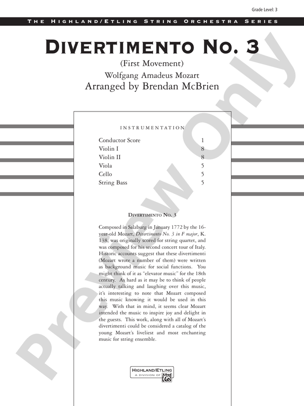 Divertimento No. 3 (1st Movement) – String Orchestra Conductor Score & Parts (Digital Download)