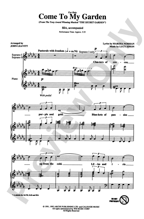 Come to My Garden (from The Secret Garden) – SSA Choral Octavo (Digital Download)