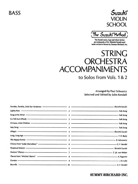 Suzuki String Orchestra Accompaniments to Solos from Violin School Volumes 1 & 2 - Double Bass Part Summy Birchard 0323