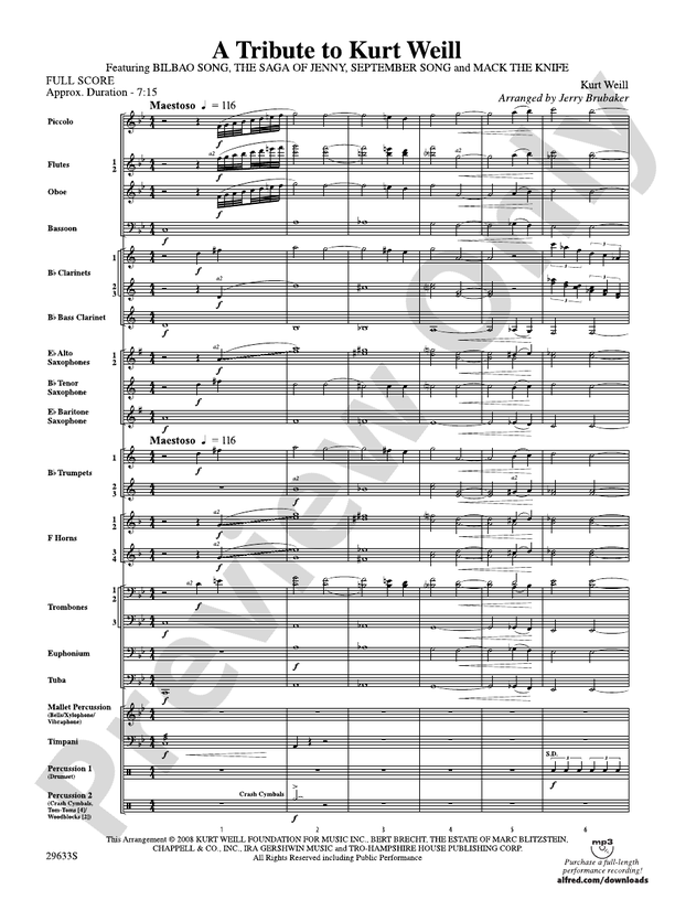 A Tribute to Kurt Weill - Concert Band Conductor Score & Parts (Digital Download)