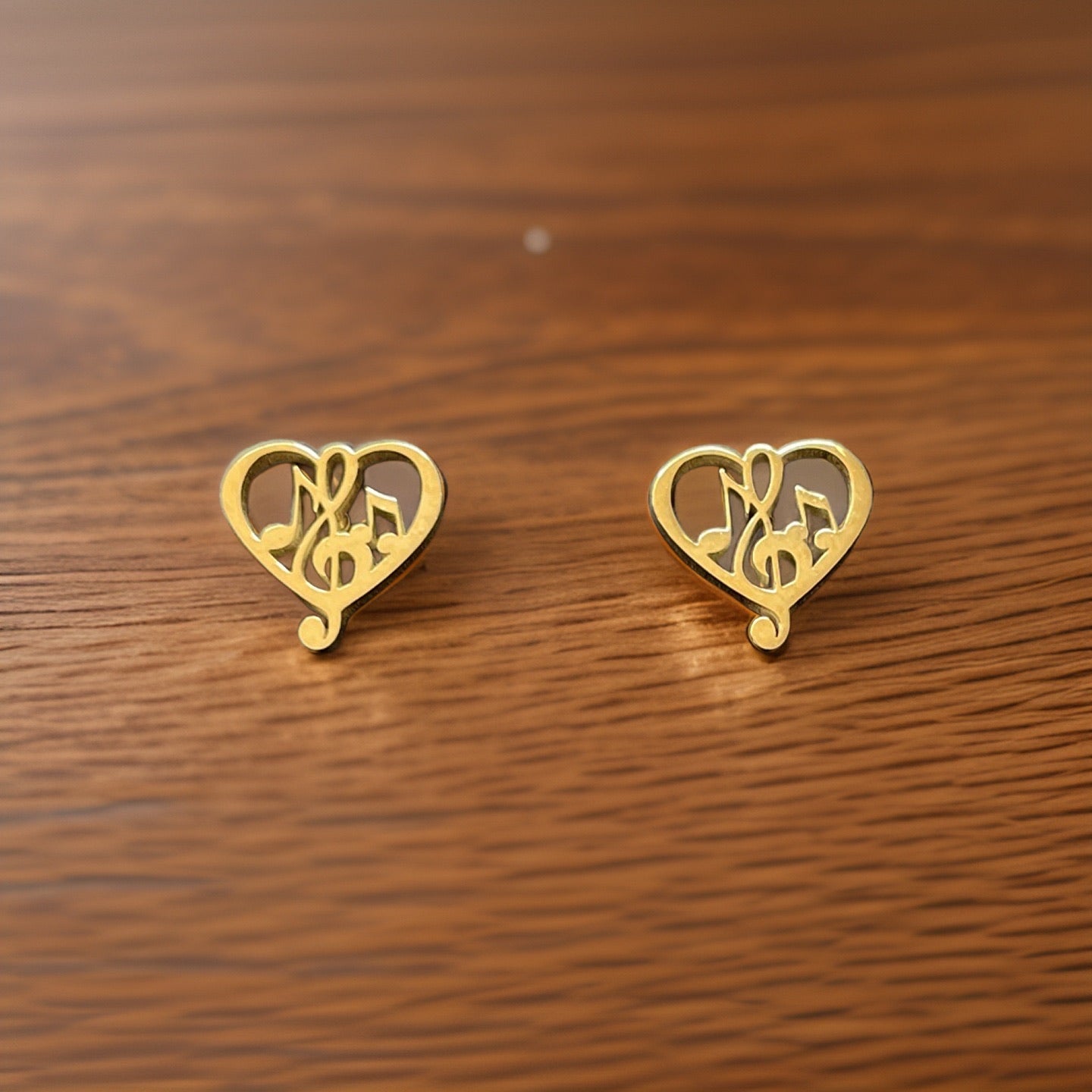 Heart Shaped Treble Clef and Notes Stud Earrings Gold