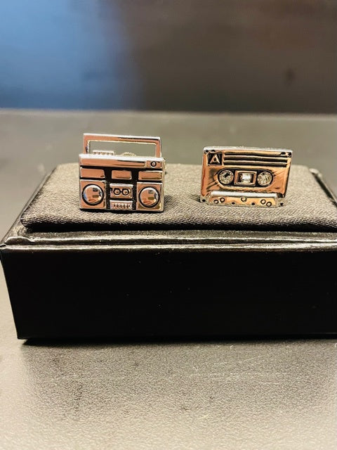 Silver Tape Deck and Cassette Player Cufflinks.