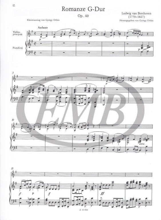 Beethoven - 2 Romances Op40 & Op50 - Violin/Piano Accompaniment EMB Z13494