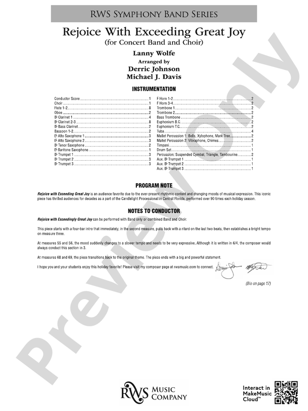 Rejoice With Exceeding Great Joy (for Concert Band and Choir) - Concert Band Conductor Score & Parts(Digital Download)