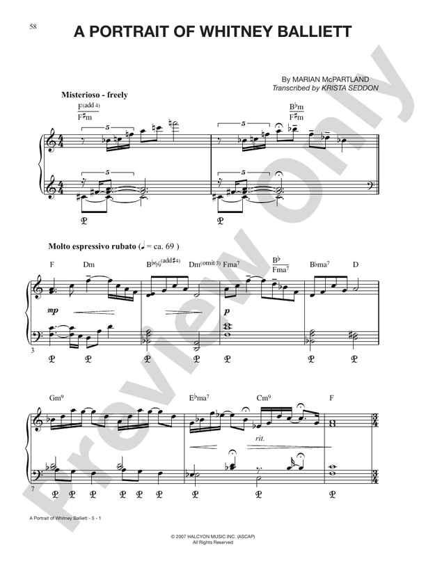 A Portrait of Whitney Balliett - Piano (Digital Download)