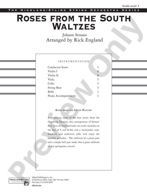 Roses from the South Waltzes – String Orchestra Conductor Score & Parts (Digital Download)