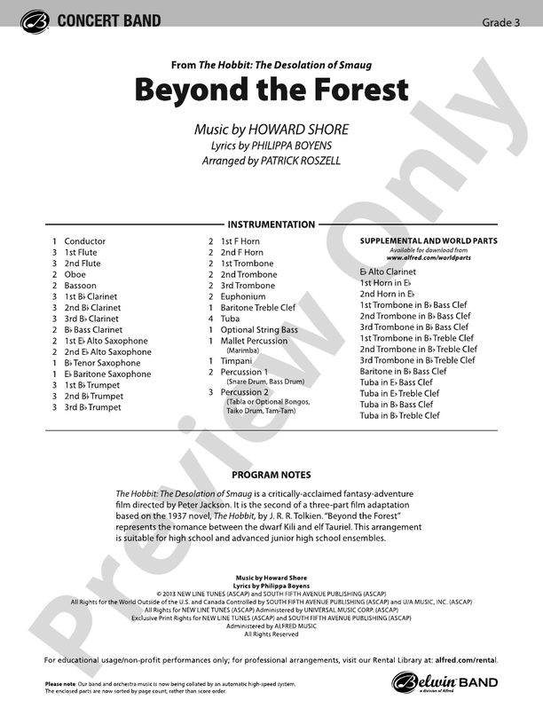 Beyond the Forest (from The Hobbit: The Desolation of Smaug) - Concert Band Conductor Score & Parts (Digital Download)
