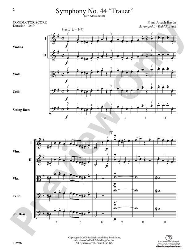 Symphony No. 44 "Trauer" (4th Movement) – String Orchestra Conductor Score & Parts (Digital Download)