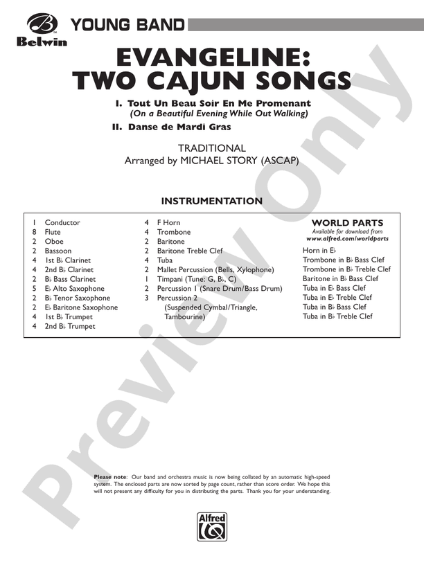 Evangeline: Two Cajun Songs - Concert Band Conductor Score & Parts (Digital Download)