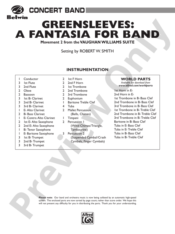 Greensleeves: A Fantasia for Band - Concert Band Conductor Score & Parts (Digital Download)