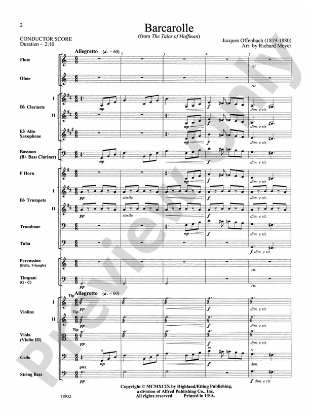 Barcarolle from "The Tales of Hoffman" – Full Orchestra Conductor Score & Parts (Digital Download)