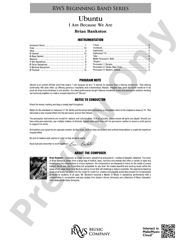 Ubuntu - I Am Because We Are - Concert Band Conductor Score & Parts (Digital Download)