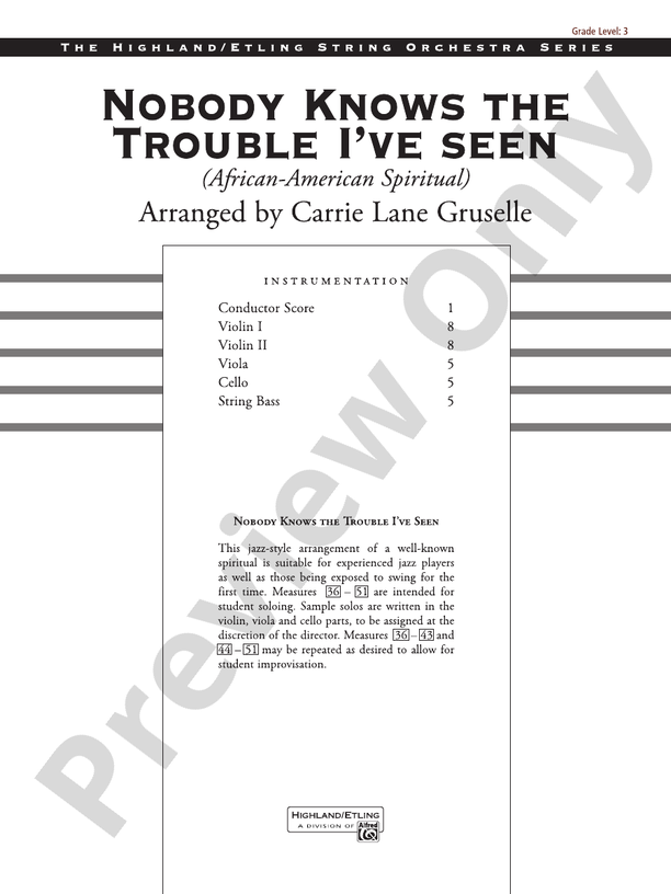 Nobody Knows the Trouble I've Seen – String Orchestra Conductor Score & Parts (Digital Download)