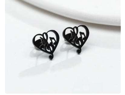 Heart Shaped Treble Clef and Notes Stud Earrings Black