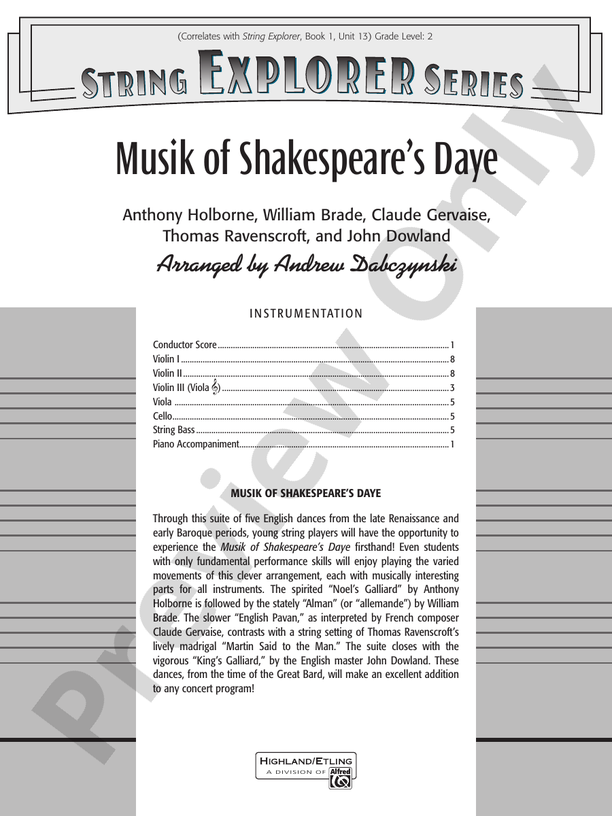 Musik of Shakespeare's Daye – String Orchestra Conductor Score & Parts (Digital Download)