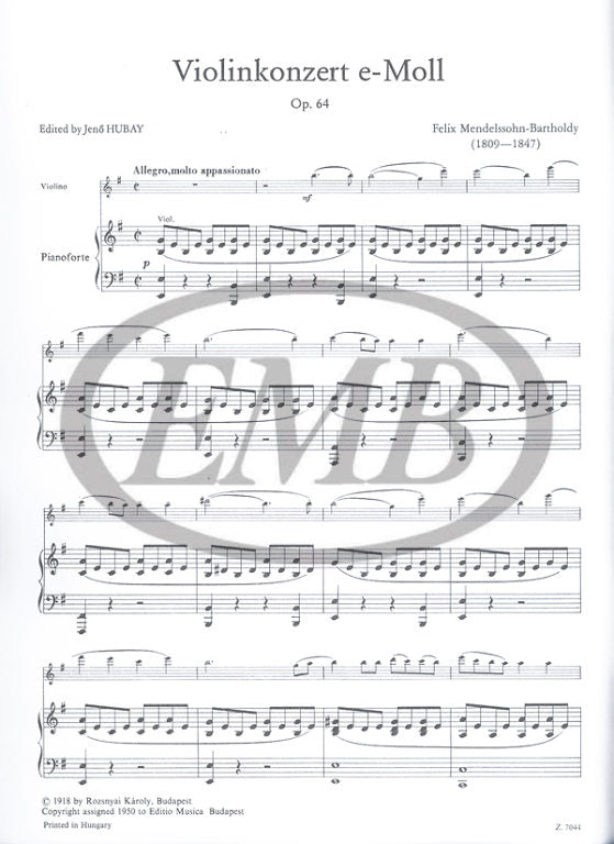 Mendelssohn - Concerto in Emin Op64 - Violin/Piano Accompaniment edited by Hubay EMB Z7044