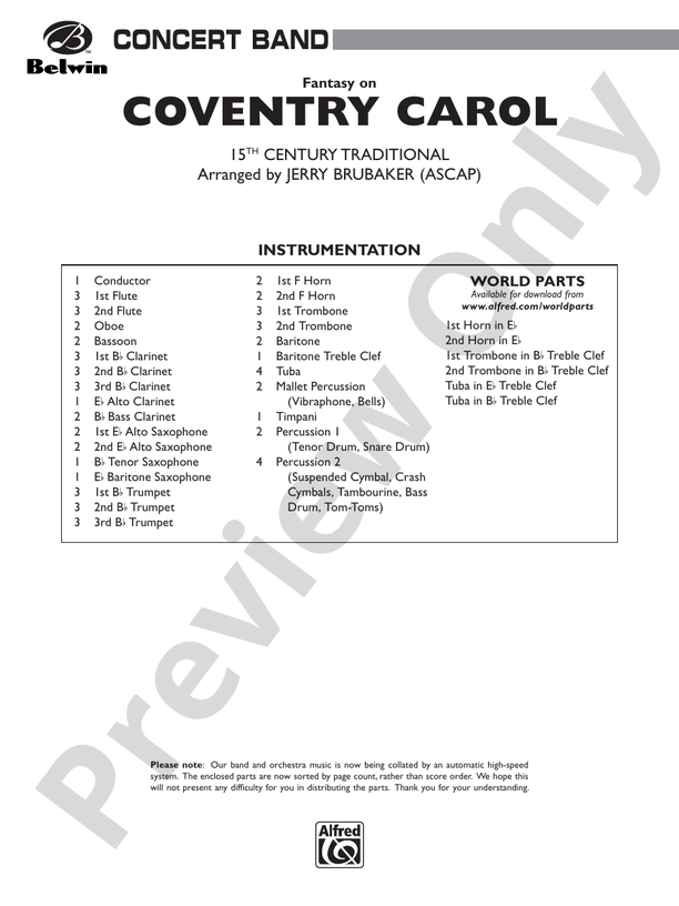 Coventry Carol (Grade 3) - Concert Band Conductor Score & Parts (Digital Download)