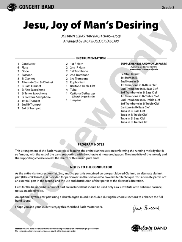 Jesu, Joy of Man's Desiring - Concert Band Conductor Score & Parts (Digital Download)