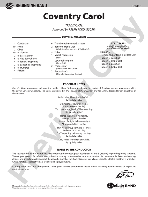 Coventry Carol (Grade 1) - Concert Band Conductor Score & Parts (Digital Download)