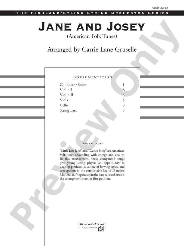 Jane and Josey – String Orchestra Conductor Score & Parts (Digital Download)