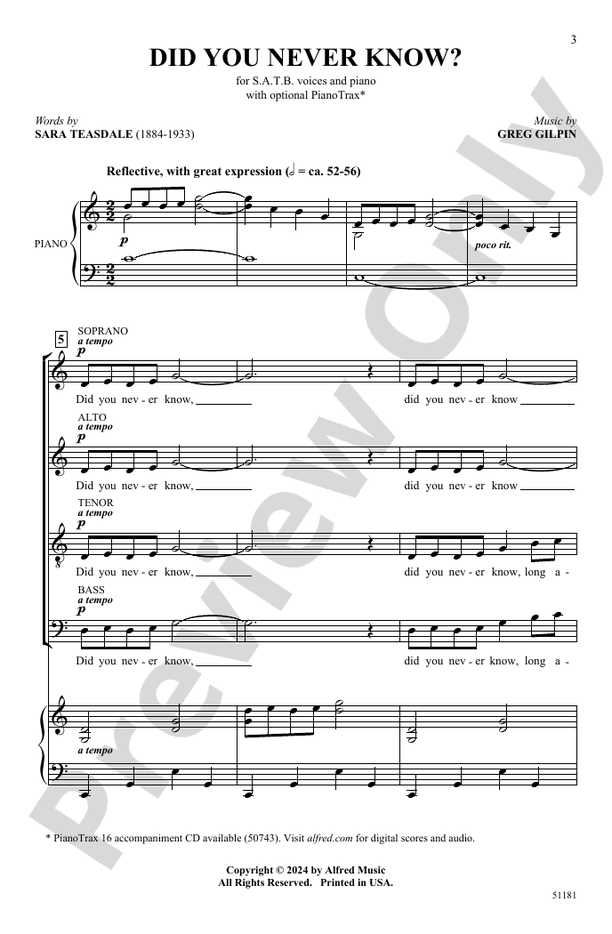 Did You Never Know? - SATB Choral Octavo (Digital Download)