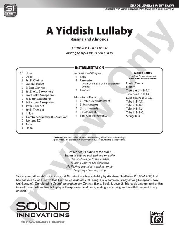 A Yiddish Lullaby - Concert Band Conductor Score & Parts (Digital Download)