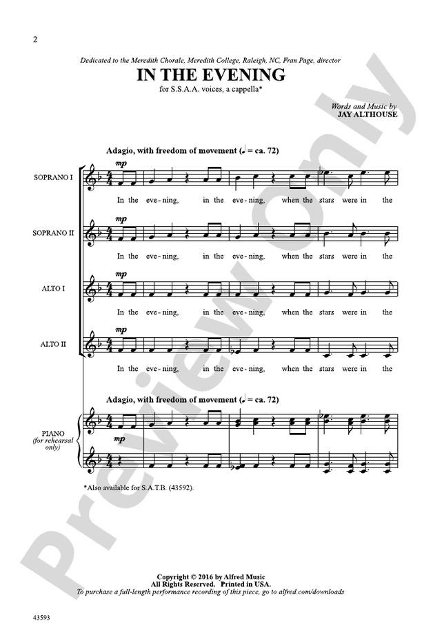 In the Evening – SSAA Choral Octavo (Digital Download)
