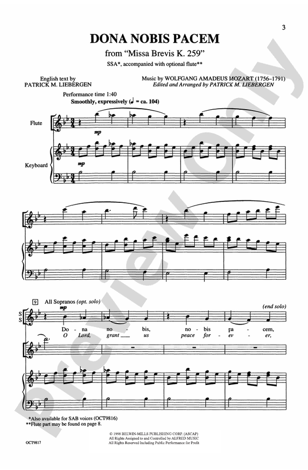 Dona Nobis Pacem (from Missa Brevis, K. 259) – SSA Choral Octavo (Digital Download)