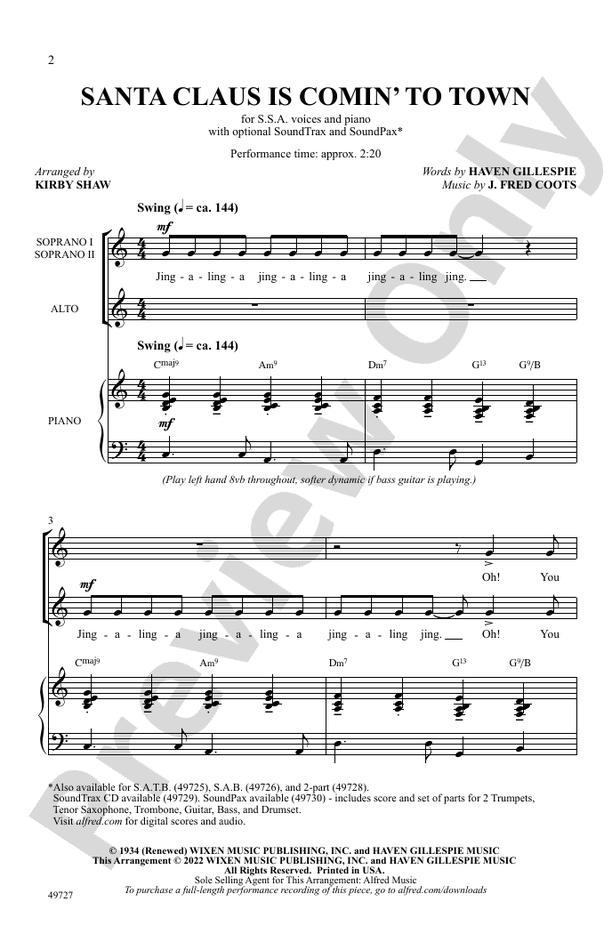 Santa Claus Is Comin' to Town - SSA Choral Octavo (Digital Download)