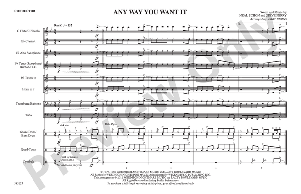 Any Way You Want It (Arr. Jerry Burns) – Marching Band Conductor Score & Parts (Digital Download)
