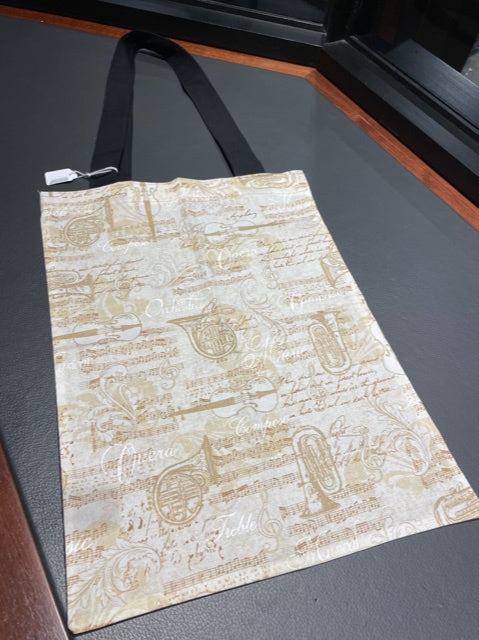 Tote or Music Bag Beige Fabric with Brown Manuscript and Gold Instruments