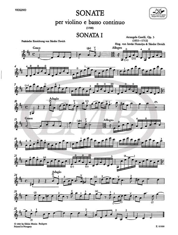 Corelli - 12 Sonatas Op5 Volume 1A - Violin/Basso Continuo EMB Z12050
