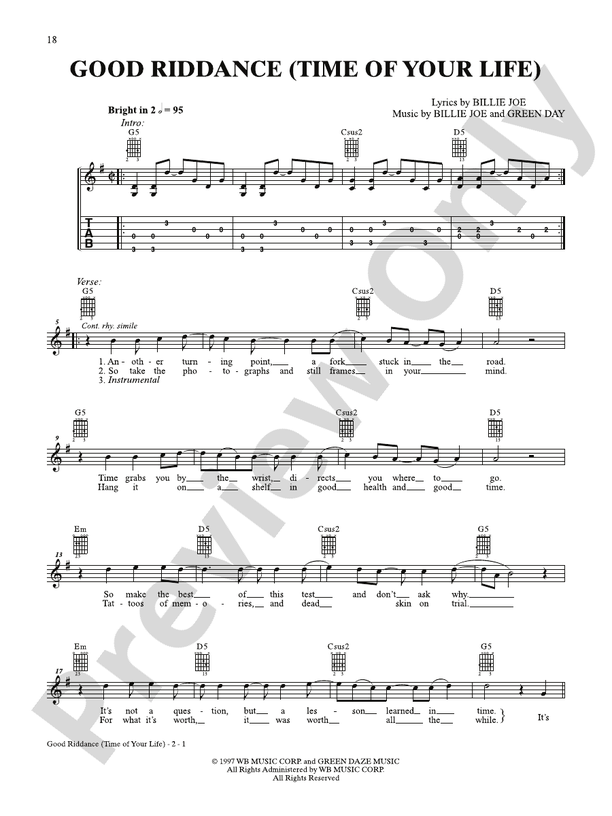 Good Riddance (Time of Your Life) - Interm./Easy Guitar TAB (Digital Download)