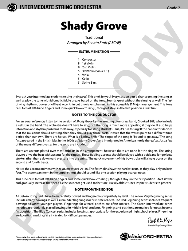 Shady Grove - String Orchestra Conductor Score & Parts (Digital Downlo