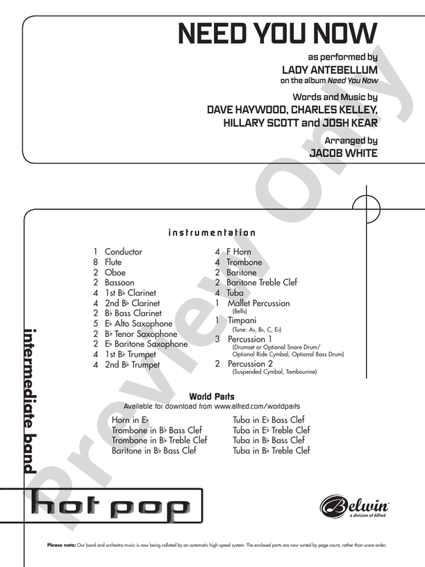 Need You Now - Concert Band Conductor Score & Parts (Digital Download)