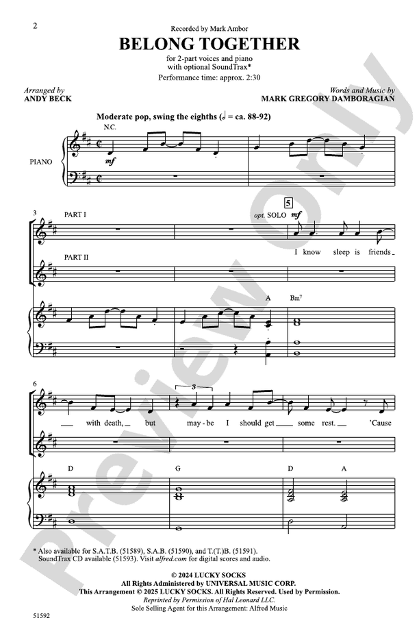 Belong Together - 2 Part Treble Choral Octavo (Digital Download)