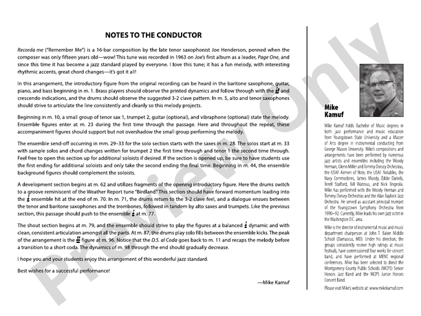 Recorda Me (Grade 2.5) – Jazz Ensemble Conductor Score & Parts (Digital Download)