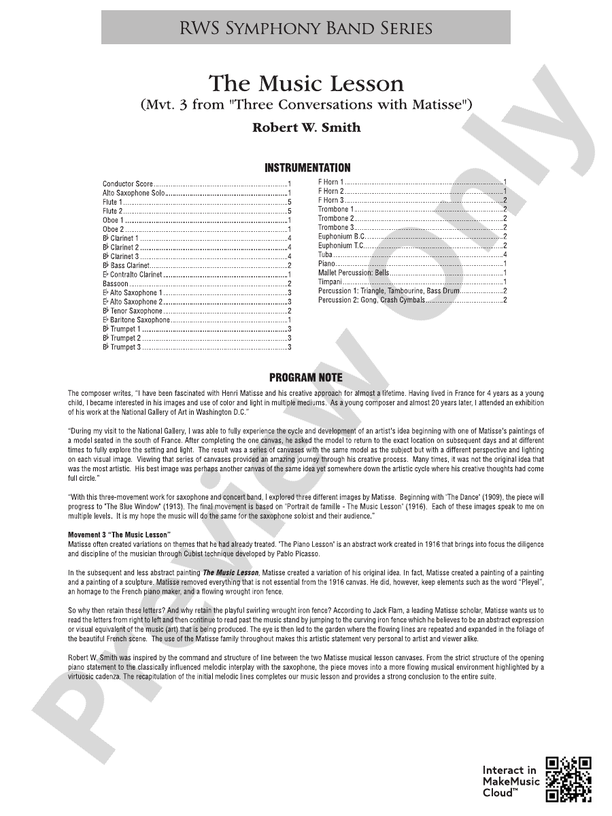 The Music Lesson - Mvt. 3 from Three Conversations with Matisse - Concert Band Conductor Score & Parts(Digital Download)