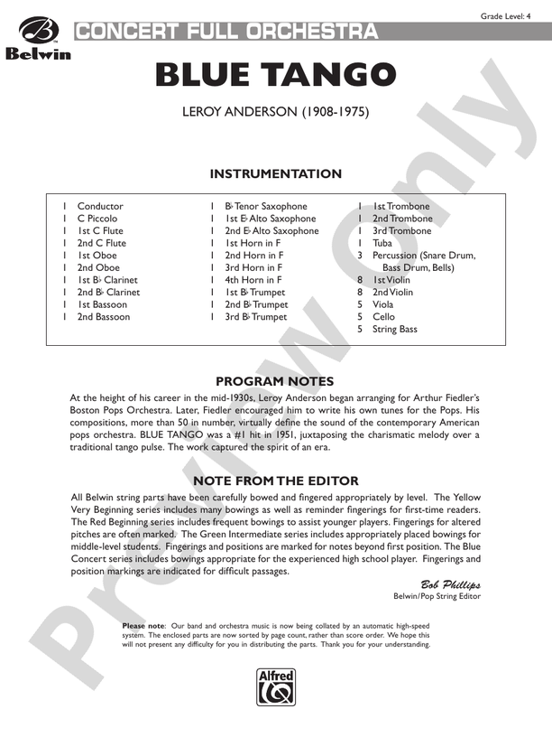 Blue Tango – Full Orchestra Conductor Score & Parts (Digital Download)