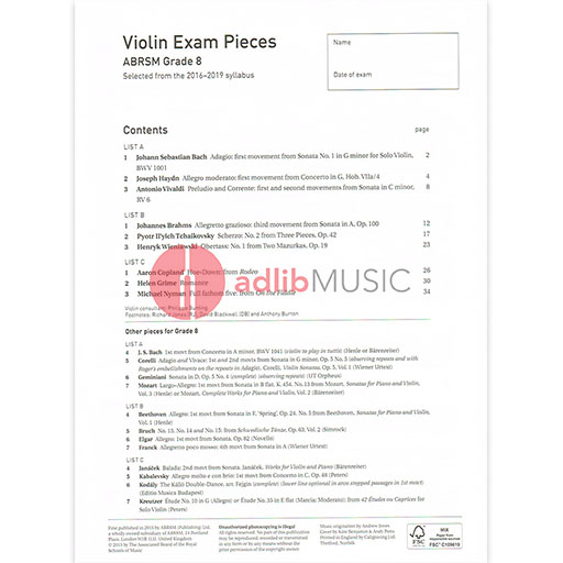 ABRSM Violin Exam Pieces (2016-2019) Grade 8 - Violin/Piano Accompaniment ABRSM 9781848497085