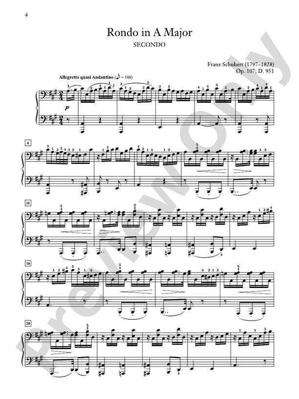 Schubert - Rondo in A Major, Opus 107, D. 951 - 1 Piano, 4 Hands (Digital Download)