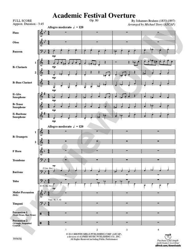 Academic Festival Overture (Grade 2) - Concert Band Conductor Score & Parts (Digital Download)