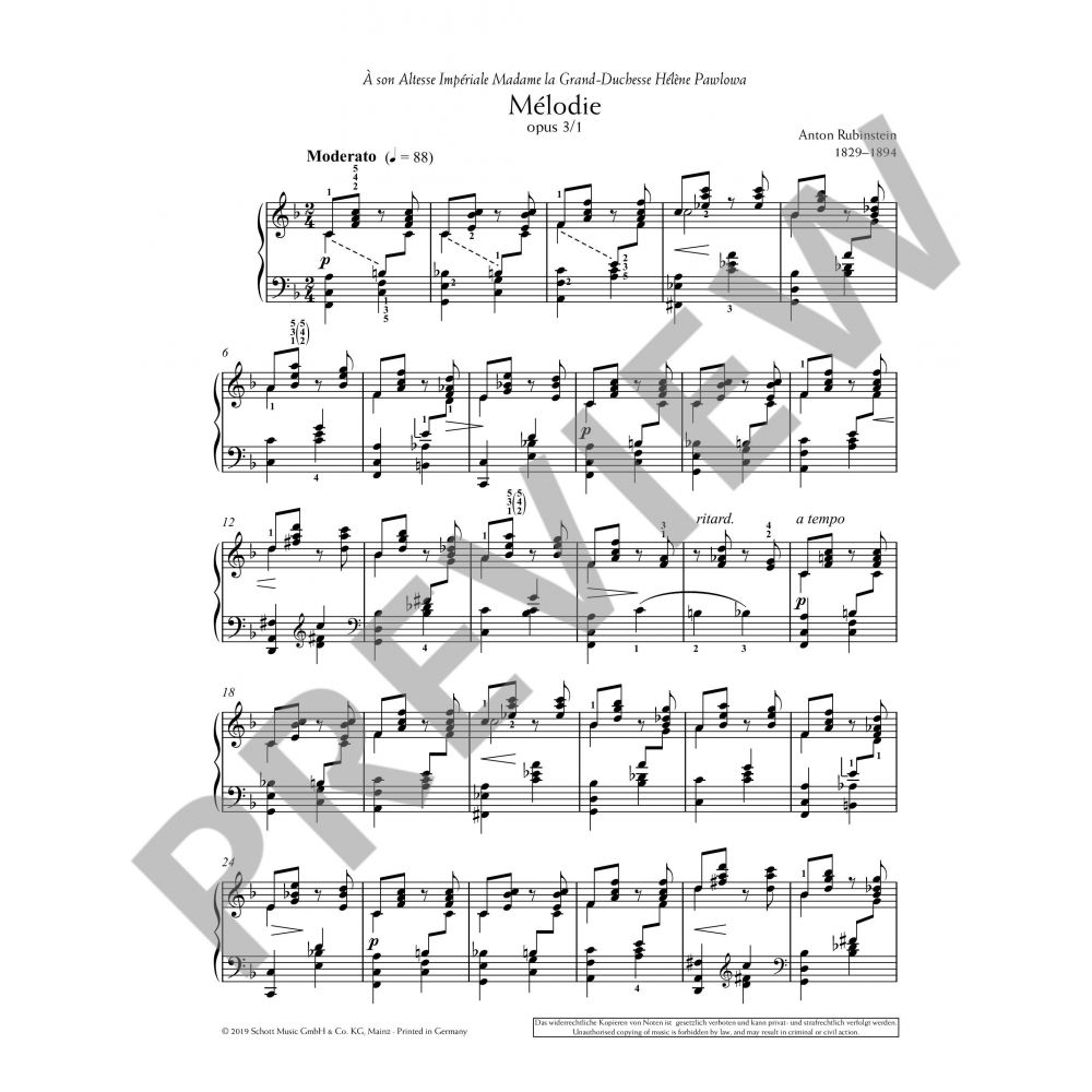 Rubinstein - Melody in FMaj Op3/1 - Piano Solo Schott ED01665