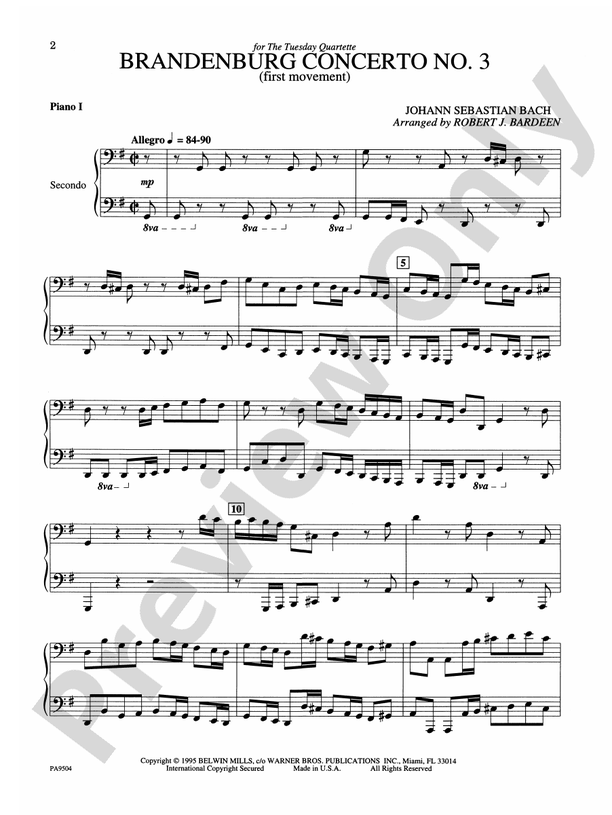 Brandenburg Concerto No. 3 (First Movement) - 2 Pianos, 8 Hands (Digital Download)