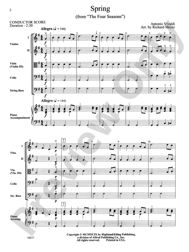 Spring from the Four Seasons – String Orchestra Conductor Score & Parts (Digital Download)