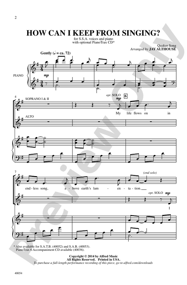How Can I Keep from Singing? - Arr. Jay Althouse – SSA (Digital Download)